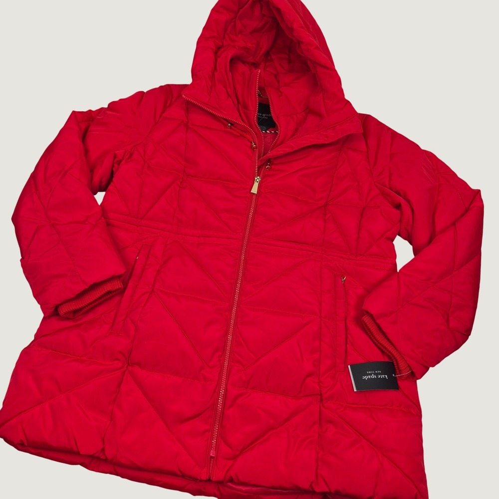 NWT Kate Spade Red Quilted Puffer Coat Hood XL KSPB25715-MA Winter Jacket